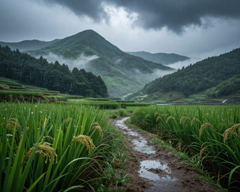 Heavy rain over South Korean landscape