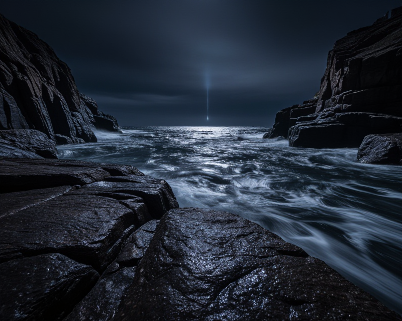 Atmospheric Night Sea with Projectile Streak